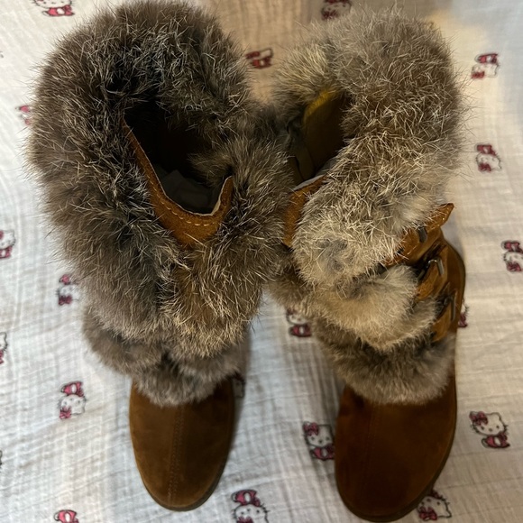 PRIMIGI SUEDE FAUX FUR KNEE-HIGH BUCKLE BOOTS BROWN GRAY BOOTIES GIRL 31 13 12.5 - Picture 6 of 15